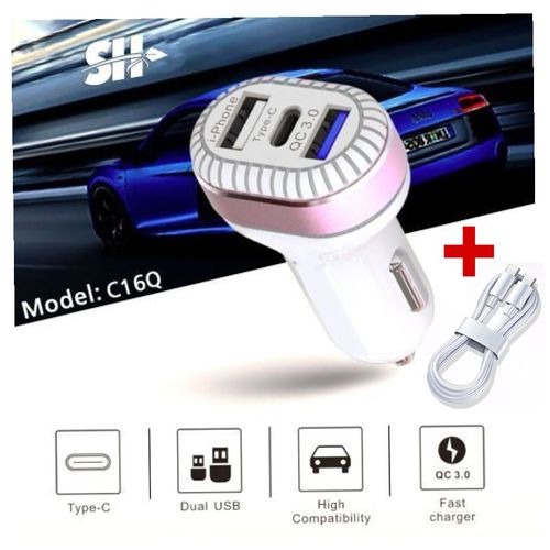 Chargeur de voiture à 3 port USB+câble type-c/type-c 3A charge rapide, allume-cigare
 Fiche Technique et Prix au Maroc
