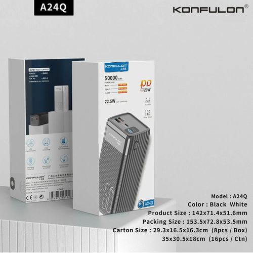 Konfulon Power Bank 50000-mAh avec PD 20W USB-C QC4.0 + 22.5W QC3.0 USB-A
 Fiche Technique et Prix au Maroc