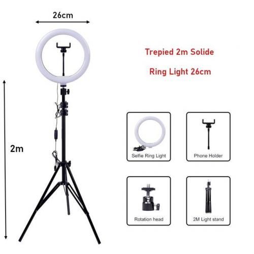 Ring Light 26cm de Diametre + Trépied 2m Solide
 Fiche Technique et Prix au Maroc