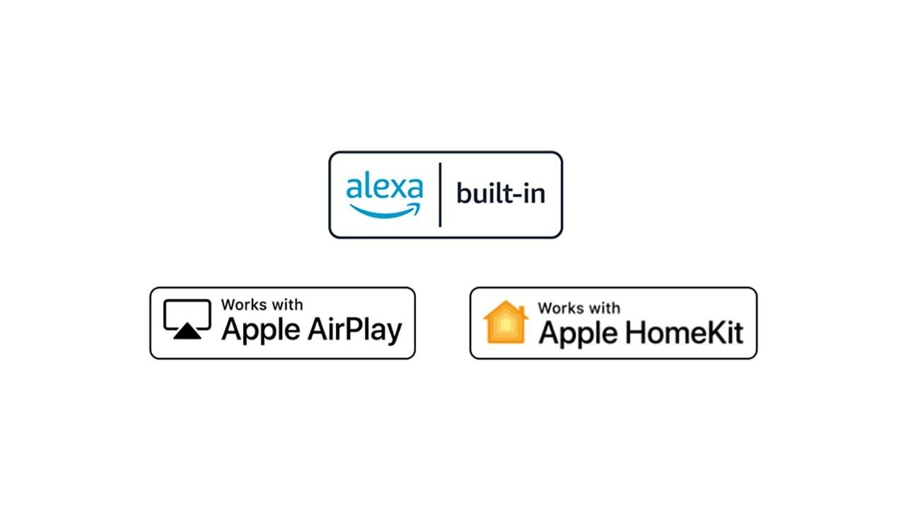 Détails montrant les logos d'alexa, Apple Airplay et Apple HomeKit avec lesquels ThinQ AI est compatible.