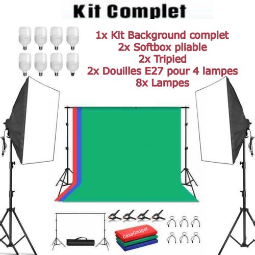 Puluz Kit studio 2 Softbox 50x70cm ,8 lampes, Background studio photographie video 3 couleurs
 Fiche Technique et Prix au Maroc