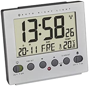 TFA Dostmann réveil Radio-piloté Digital, 60.2561.55, éclairage Automatique de Nuit, Radio-réveil, température, Jour de la Semaine et Date, Aspect Aluminium, Argent Fiche Technique et Prix au Maroc