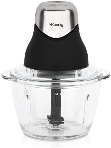 H.Koenig Mini Hachoir Electrique Noir mat chrome LEO8 Résistant Bol Verre Gradué 1L Lames Inox, Facile d'utilisation, Légumes Oignon Salade Pesto Persil Noix Viandes Ail, Couvercle de conservation Fiche Technique et Prix au Maroc