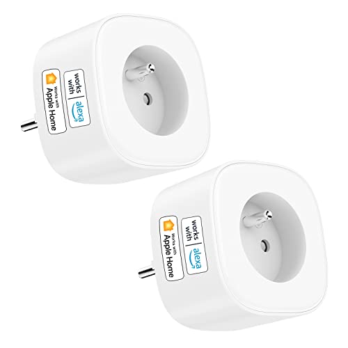Prise Connectée (Type E), Lot de 2 Prises WiFi Compatibles avec Apple HomeKit, Siri, Alexa, Google Home, 16A Prise Intelligente avec Commande Vocale, Contrôle à Distance et Fonction de Temps Avis, Fiche Technique et Prix au Maroc