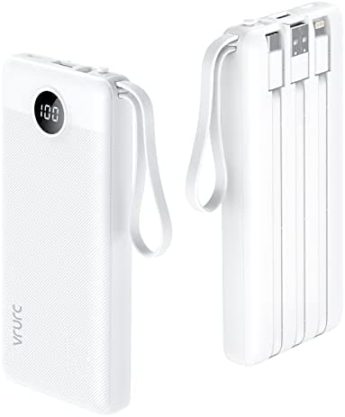 VRURC Batterie Externe 10000mAh Power Bank USB C Ultra Slim Chargeur Portable câble intégré avec l'Ecran LED et 5 Sorties 2 Entrées pour Téléphone (Blanc) Fiche Technique et Prix au Maroc