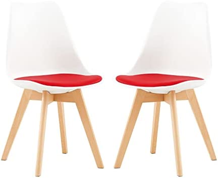 H.J WeDoo Lot de 2 Chaises Salle à Manger Scandinaves, Chaises de Cuisine Design avec Coussins en Cuir Rouge et Pieds en Hêtre Massif, Blanc & Rouge Fiche Technique et Prix au Maroc