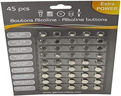 GENIUS IDEAS 9431 - Lot de 45 Pièces Piles Boutons Alcalines - Idéal pour Faire Fonctionner Vos Petits Appareils Fiche Technique et Prix au Maroc