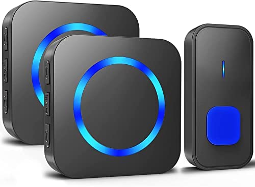 Sonnette sans Fil Étanche Carillon électronique, Kit de Carillon avec LED Bleu, Enfichable, 55 Mélodies, 400m Gamme, 5 Niveaux Volume avec 2 Récepteur, Noir Fiche Technique et Prix au Maroc