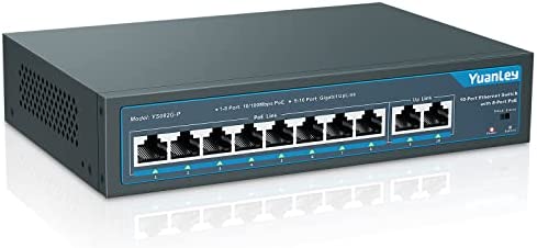 YuanLey 10 Port PoE Switch, 8 PoE+ Port 100Mbps, 2 Uplink Gigabit, 120W 802.3af/at, Étendre la Fonction, Metal Fanless Unmanaged Fiche Technique et Prix au Maroc