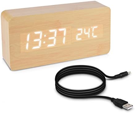 kwmobile Réveil Bois LED - Horloge Digitale Aspect Bois - Réveil Matin Tactile avec Fonction Date Heure Température - Rectangle Beige et LED Blanc Fiche Technique et Prix au Maroc
