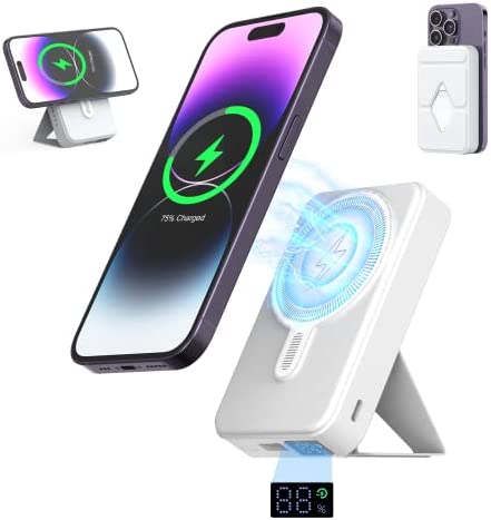 BraveKoi Batterie Externe 10000mAh, Power Bank Chargeur Portable, Magnétique sans Fil Charge Rapide PD 20W avec écran LED USB-C Mag-Safe Batterie pour iPhone 14&13&12/Mini/Pro/Pro Max (Blanc) Fiche Technique et Prix au Maroc