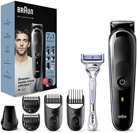Braun 3 Tout-En-Un, Tondeuse Électrique À Barbe 7-en-1 Pour Homme, Tondeuse Pour Visage, Cheveux, 5 Accessoires, Noir/Bleu, MGK3342, Cadeau Saint Valentin Avis, Fiche Technique et Prix au Maroc