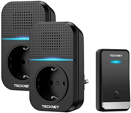 Sonnette sans Fil 400M, TECKNET Sonnette Étanche IP65, Kit de 1 Carillon et 2 Récepteur Enfichables avec Fonction de Charge et lumière LED, 32 Mélodies 5 Niveaux Volumes, pour Maison, Bureau - Noir Fiche Technique et Prix au Maroc