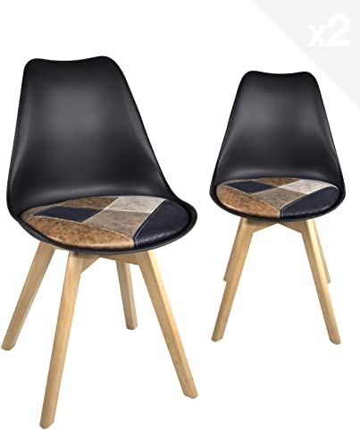 KAYELLES Lot de 2 chaises scandinaves Coussin Patchwork Lao (Noir Patch Marron) Fiche Technique et Prix au Maroc