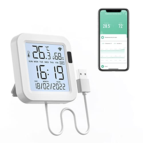 eMylo WiFi Thermometre Hygrometre Interieur, Tuya Thermomètre Intérieur Capteur Humidité Avec écran Rétro-éclairé D'enregistrement de Données, Chambre bébé Hygrometre Termometre Maison (8cm*8cm) Avis, Fiche Technique et Prix au Maroc
