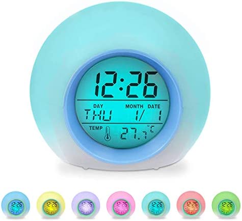 AWAMED Réveil pour enfant à LED avec 7 couleurs changeantes et 8 sons de réveil, réveil pour enfants avec calendrier de température de répétition, idéal pour les enfants, les filles, les garçons Fiche Technique et Prix au Maroc
