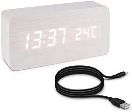 kwmobile Réveil Bois LED - Horloge Digitale Aspect Bois - Réveil Matin Tactile avec Fonction Date Heure Température - Rectangle Blanc et LED Blanc Fiche Technique et Prix au Maroc