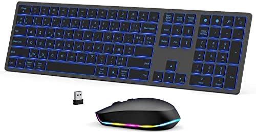 Ensemble Clavier et Souris rétroéclairés sans Fil, 2.4Ghz Clavier Rechargeables avec Rétroéclairage 7 Couleur, Ultra Fin et Silencieux, Souris Optiique LED, Set pour PC,Ordinateur Portable, GrisAvis,  Fiche Technique et Prix au Maroc