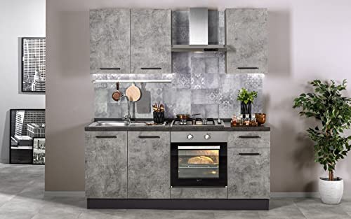 Cuisine complète d'appareils électroménagers (four, évier, hotte de cuisson) style industriel - cm. 180 x 60 x 240 - beton gris - évier gauche Fiche Technique et Prix au Maroc