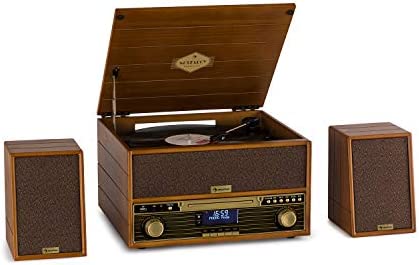 AUNA Belle Epoque 1910 - Chaîne stéréo rétro, Platine Vinyle, Lecteur CD, Platine Cassette, Tuner FM, Enceintes stéréo, Port USB, Bluetooth -Brun foncé Fiche Technique et Prix au Maroc
