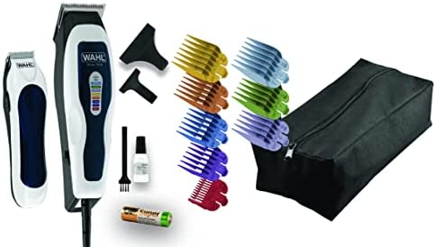 WAHL Color Pro Combo tondeuse cheveux et de finition, filaire. Lame auto-affutée de qualité, ne tire pas les cheveux. Idéale contours et finitions. 8 sabots couleur, mini tondeuse de finition incluse. Avis, Fiche Technique et Prix au Maroc
