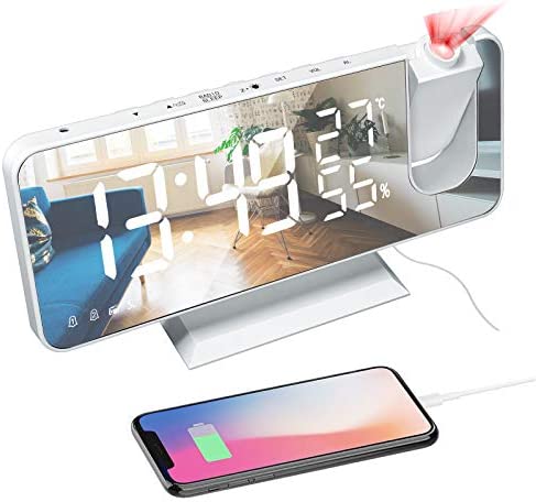 Réveil Projecteur Plafond, FM Radio Réveil Numérique, Réveil Matin avec Port de Chargement USB, Double Alarme, 4 Niveaux de Luminosité, Snooze, Chevet& Bureau, Thermomètre Intérieur（sans Adaptateur） Fiche Technique et Prix au Maroc