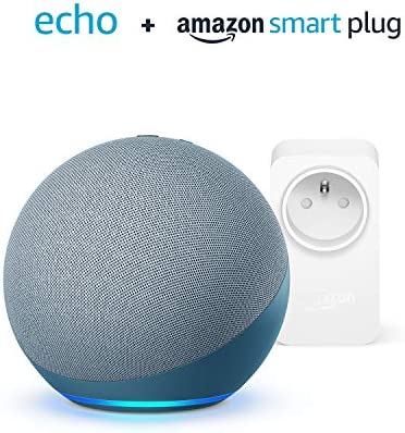 Echo (4e génération), Avec son premium, Bleu-gris + Amazon Smart Plug (Prise connectée WiFi), Fonctionne avec Alexa - Kit de démarrage Maison connectée Fiche Technique et Prix au Maroc