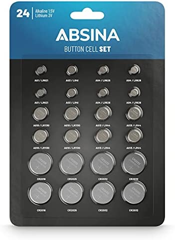 ABSINA Pack de 24 Piles Bouton alcalines et Lithium - 2X AG1 / 2X AG3 / 4X AG4 / 4X AG10 / 4X AG13 / 2X CR2016 / 2X CR2025 / 4X CR2032-1.5V & 3V Button Cell Assortment Leak Proof - Piles Bouton Fiche Technique et Prix au Maroc