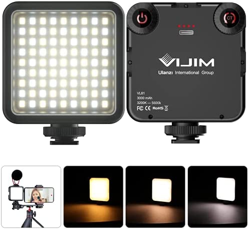 Lumière Caméra,LED Lampe avec 3 Cold Shoe,Eclairage Video Rechargeable 3000mAh,Lumiere Photo Professionnelle CRI95+Dimmable 3200K-5600K pour Tournage Vlog VIJIM VL81 LED Fiche Technique et Prix au Maroc