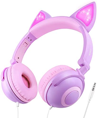 LOBKIN Casque pour Enfant avec Oreilles de Chat avec LED Lumineuse, Casque Pliable léger avec câble Audio de 3,5 mm pour Smartphone, Tablette, IPad, Ordinateur Portable (Violet + Rose) Fiche Technique et Prix au Maroc