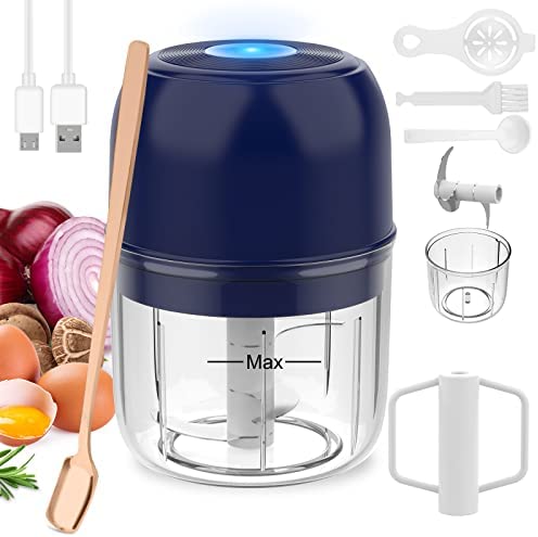 BlumWay Mini hachoir électrique 2 en 1 pour ail, batteur à œufs, hachoir à nourriture, hachoir sans fil plus puissant, mélangeur portable pour légumes, fruits, 250 + 250 ml (bleu) Fiche Technique et Prix au Maroc