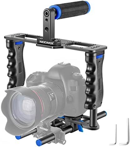 Neewer alliage d'aluminium Kit de film de cage vidéo pour appareil photo,avec poignée supérieure,double poignée,deux tiges de 15 mm, compatible avec Canon,Sony,Nikon DSLR Camera,Camcorder (Noir+ Bleu) Fiche Technique et Prix au Maroc