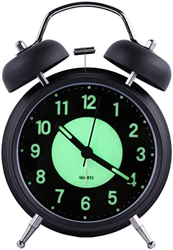 Réveil lumineux de 4 pouces, double cloche analogique rétro sans tickets en quartz avec alarme sonore et lumière de nuit, boîtier en métal (noir) Fiche Technique et Prix au Maroc