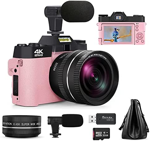 Appareil Photo numérique pour la Photographie et la vidéo, Appareil Photo vlogging 4K 48mp pour Youtube, écran Flip 180°, Zoom numérique 16x, Objectif Macro Grand Angle 52mm, Carte TF 32gb (Rose) Fiche Technique et Prix au Maroc