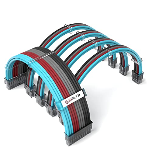 SIRLYR Kit d'extension de câble ATX tressé à arc pour câble d'alimentation, 16 AWG 24 broches ATX / 8 (4+4) broches EPS / 8 (6+2) broches PCI-E avec peignes (noir-gris-rouge-bleu) Fiche Technique et Prix au Maroc