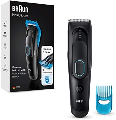 Braun HairClipper Tondeuse Électrique Homme Cheveux Et Barbe, Lames Affûtées Et Inusables Noir/Bleu, Conçues Pour Durer 2 Fois Plus Longtemps, 9 Réglages De Longueur, HC5010 Avis, Fiche Technique et Prix au Maroc