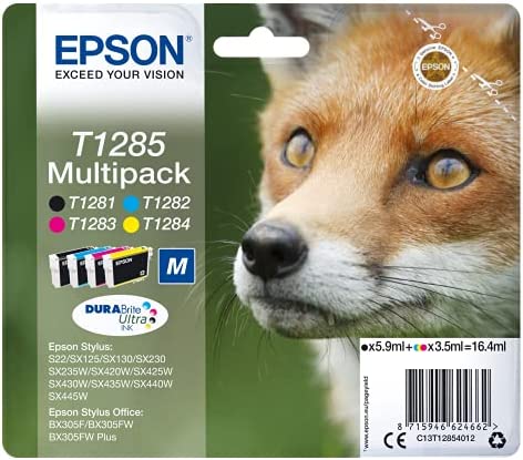 Epson Multipack T1285 Renard, Cartouches d'encre d'origine, 4 couleurs: Noir, Cyan, Magenta, Jaune, S22 SX125 SX130 SX230 SX235W SX420W SX425W SX430W SX435W SX440W SX445W BX305F BX305FW BX310FN Fiche Technique et Prix au Maroc