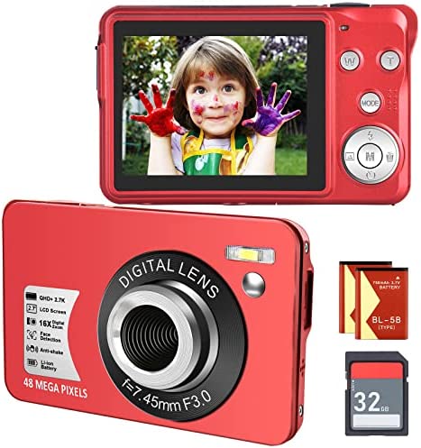 SINEXE Appareil photo numérique pour enfant 48 MP 2,7 K avec zoom numérique 16 x Appareil photo compact avec carte SD 32 Go et 2 batteries (rouge) Fiche Technique et Prix au Maroc