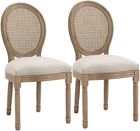 HOMCOM Lot de 2 chaises de Salle à Manger - Chaise de Salon médaillon Style Louis XVI - Bois Massif sculpté, patiné - Dossier cannage - Aspect Lin Beige Fiche Technique et Prix au Maroc