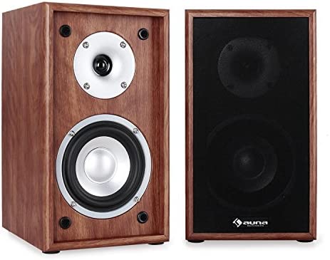 AUNA Linie-300-SF-WN Paire d’Enceintes d’étagère passives (2 Voies Bassreflex 70W RMS, subwoofer 13cm de 5", Contacts plaqués Or) - Noyer Fiche Technique et Prix au Maroc