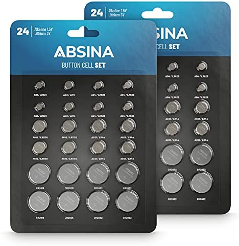 ABSINA Pack de 48 Piles Bouton alcalines et Lithium - 4X AG1 / 4X AG3 / 8X AG4 / 8X AG10 / 8X AG13 / 4X CR2016 / 4X CR2025 / 8X CR2032-1.5V & 3V Button Cell Assortment Leak Proof - Piles Bouton Fiche Technique et Prix au Maroc