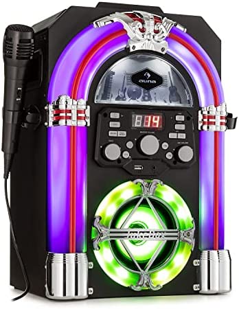 auna Arizona Sing Jukebox - Jukebox Compact et rétro avec Platine CD, Bluetooth, USB, MP3, Micro Filaire Inclus, Support pour Tablette Fiche Technique et Prix au Maroc