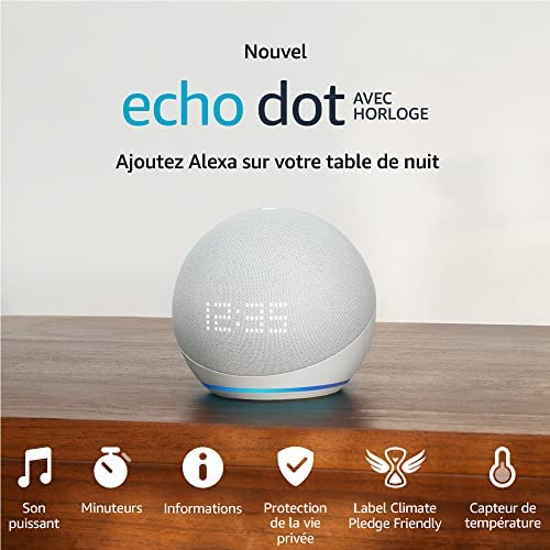 Nouvel Echo Dot (5e génération, modèle 2022) avec horloge | Enceinte connectée avec horloge et Alexa | Blanc Fiche Technique et Prix au Maroc