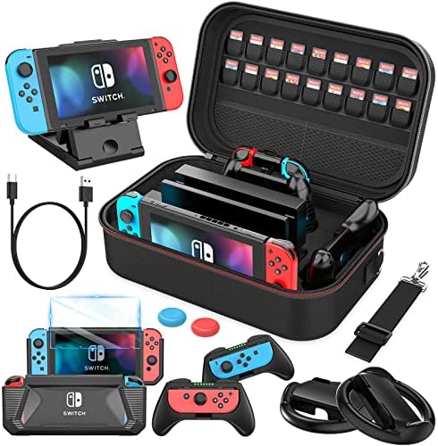 Mooroer Étui pour Nintendo Switch, 12 en 1 Accessoires pour Switch avec Protection de Transport, Coque, Support de Jeu, Poignées et Volant, Protection Écran, Thumb Caps, Câble de Charge, Noir Fiche Technique et Prix au Maroc