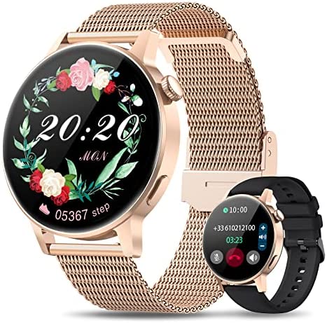 Montre Connectée Femme avec Appel Bluetooth 5.1, Couronne Rotative, Smartwatch avec Fonction Féminine, Lecteur de Musique, Fréquence Cardiaque, SpO2, Montre Connectée Étanche pour iOS Android Or Fiche Technique et Prix au Maroc