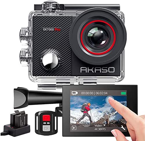 AKASO Caméra Sport 4K 30fps 20MP WiFi Caméra d'action avec Ecran LCD Tactile Ultra HD Stabilisateur, Télécommande 2.4 G, 170° Angle Réglable, Caméra étanche 40M et 2 Batteries - EK7000 Pro Fiche Technique et Prix au Maroc