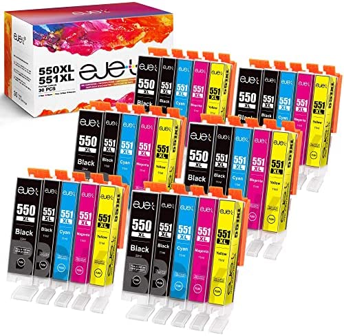 ejet Compatible Cartouches d'encre Remplacement pour Canon 550XL 551XL pour PIXMA IP7250 IP8750 MX925 MG5650 IX6850 MX725 MG5550 MG6350 MG6450 MX920 MG6650 (PGBK Noir Cyan Magenta Jaune, 30-Pack)Avis,  Fiche Technique et Prix au Maroc