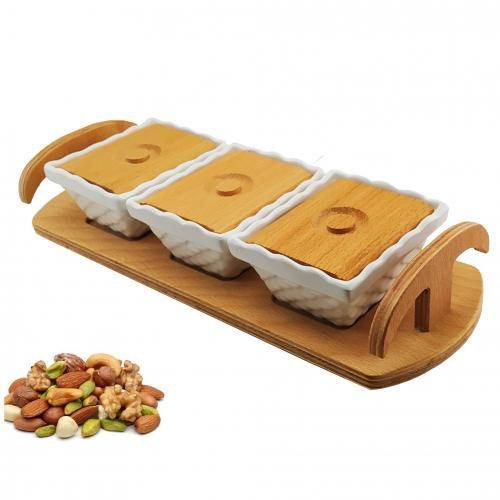 Assiettes Apéritives en Porcelaine + Plateau Bois, 3 Plats Pour Amlou huile miel
 Fiche Technique et Prix au Maroc