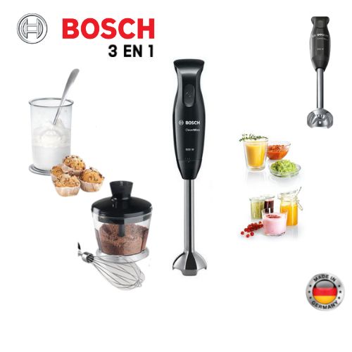 Bosch Mixeur plongeant 3 en1, 600 Watt avec verre d'oseur et hachoir XL pour Hachées ou Mixées Origine de d'allemagne
 Fiche Technique et Prix au Maroc