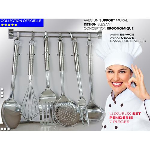 Elégant Set de Penderie INOX 7 Pièces Ustensile Batterie Cuisine + Support Mural
 Fiche Technique et Prix au Maroc
